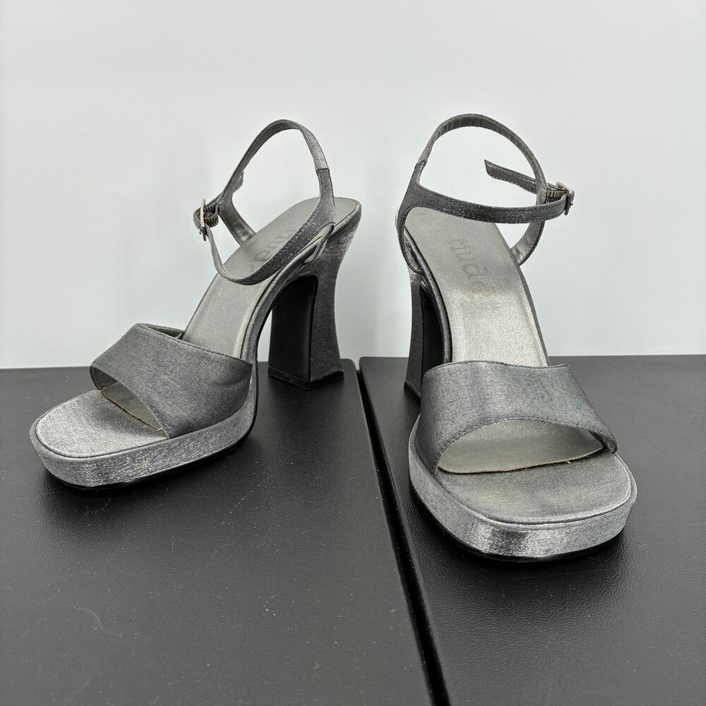 Celine Platform Block Heel Sandals Size 7 Pewter Silver Ankle Strap Y2k Retro